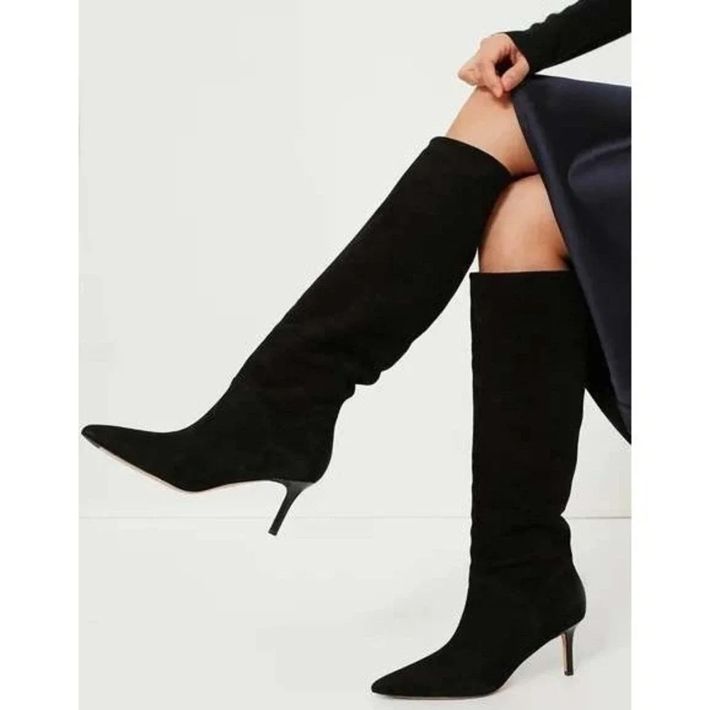 Veronica Beard‎ Lexington Boots Black Suede Pointed Toe Knee High Heels Sz 6